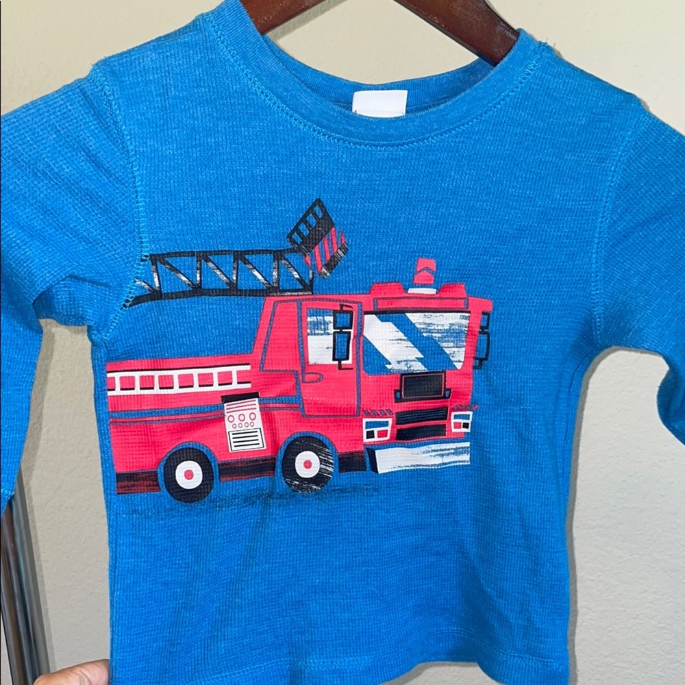 Blue Long Sleeve Shirt with Fire Truck Design